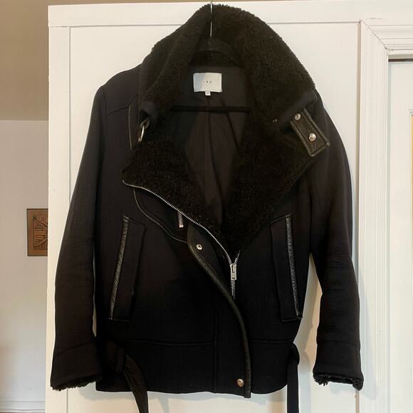 IRO Notting Sherpa Fur Shearling Cotton Jacket Coat Biker Moto Motorcycle sz 34 - Picture 3 of 14